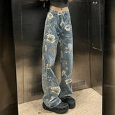 Pantalones vaqueros de pierna ancha con estampado de girasoles
